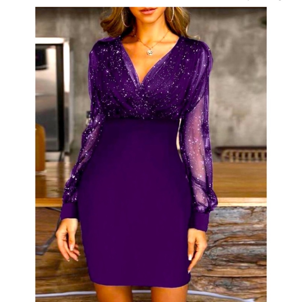 New Long Sleeves Purple Sequin Glitter V-Neck Dress Sz XS